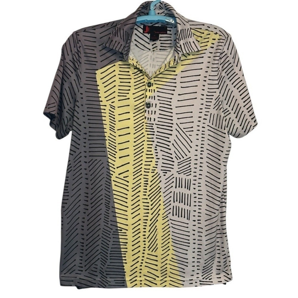 Jamie Sadock Golf Polo Shirt Men Grey Yellow Geometric Print Bold Sporty  M‎